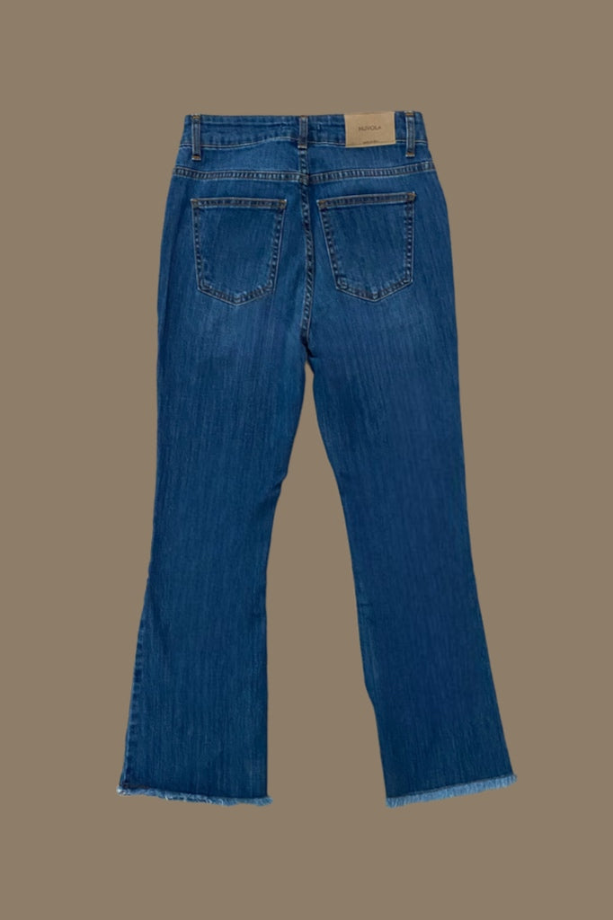 Blue Frayed Denim Flared Jeans