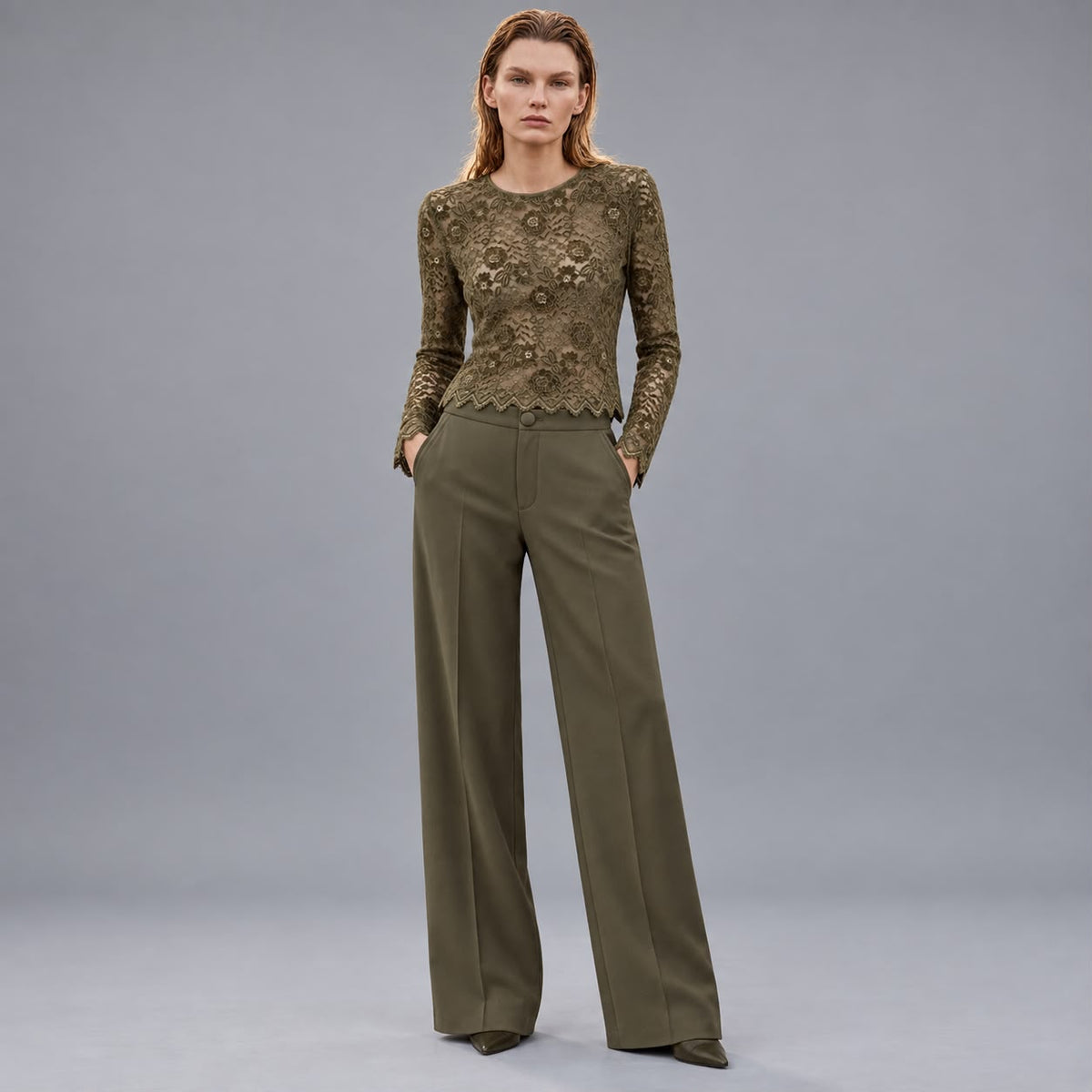Pantaloni Gamba Larga Con Tasche in Fluido Muschio
