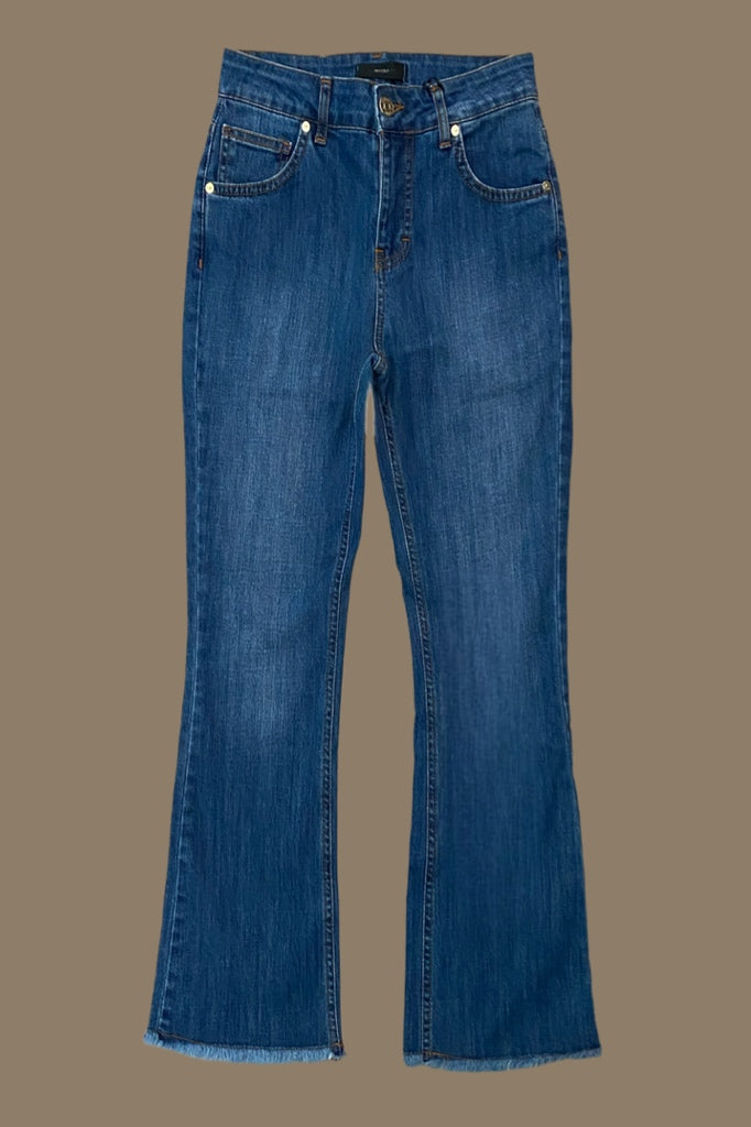 Blue Frayed Denim Flared Jeans