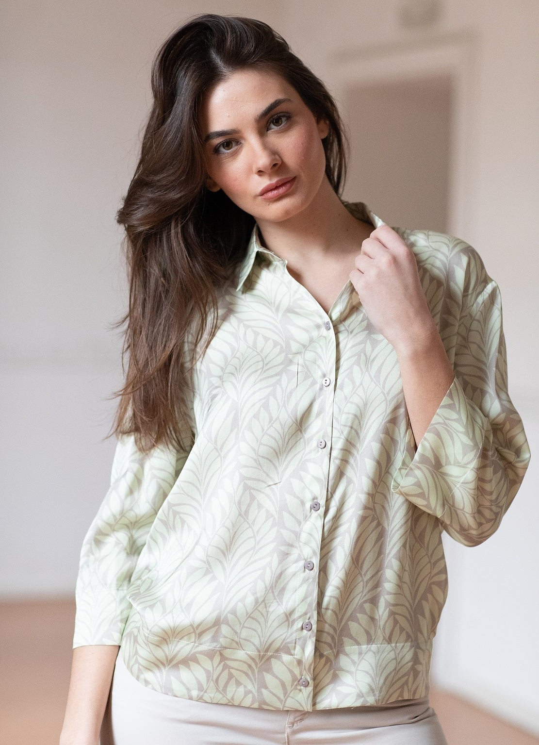 Camicia Fantasia Foglie Verde Mela