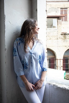 Camicia Coreana Fantasia Fiore Celeste