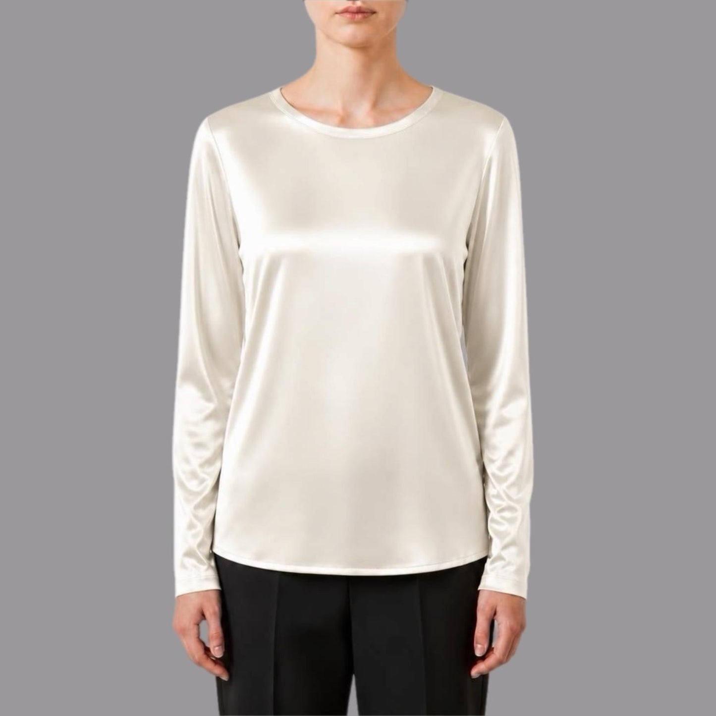 T-shirt Manica Lunga in Raso di Viscosa Elasticizzato Avorio