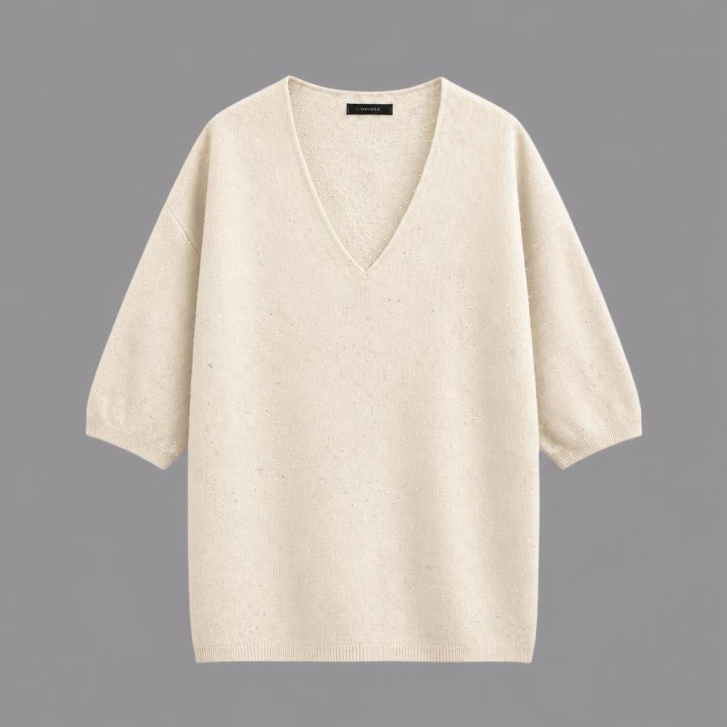 Maglia Scollo a V Con Paillettes Panna
