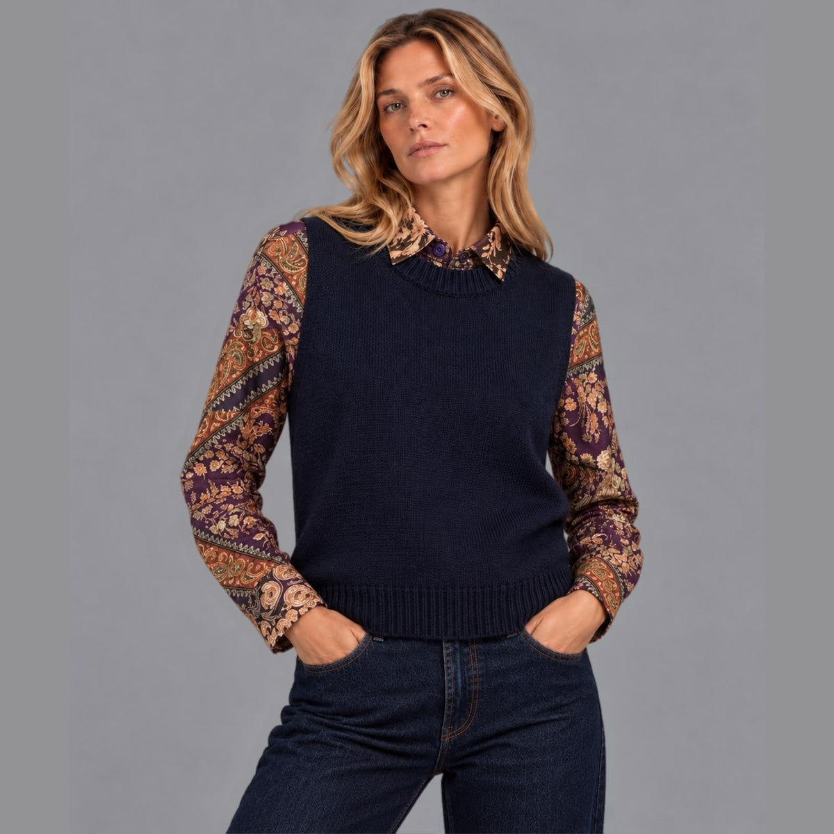 Gilet Scollo Girocollo in Misto Lana Cachemire Blu