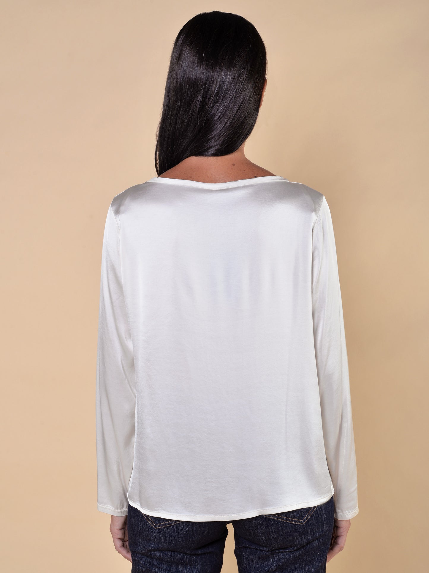T-shirt Manica Lunga in Raso di Viscosa Elasticizzato Avorio