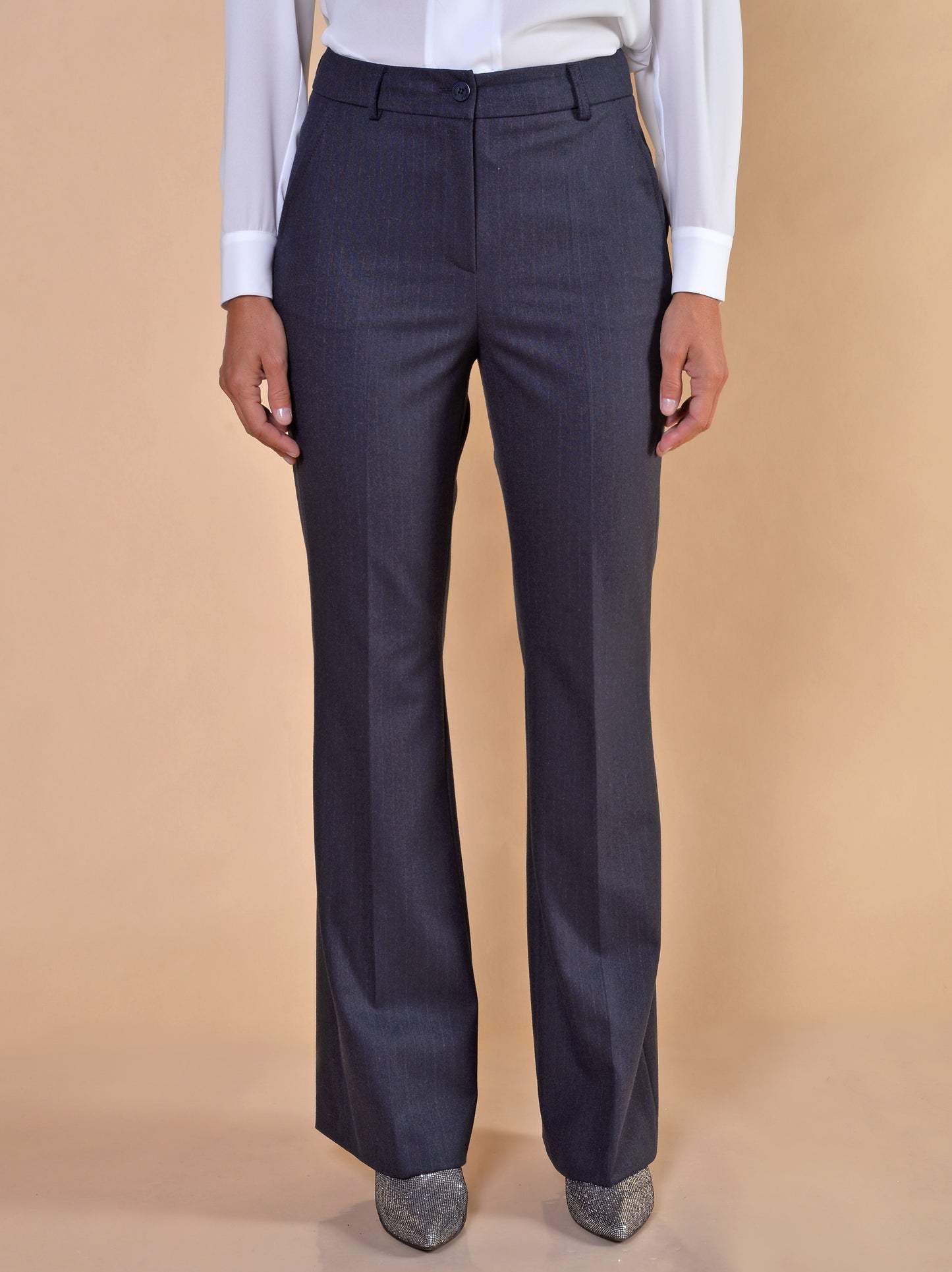 Pantaloni a Zampa in Gessato Blu