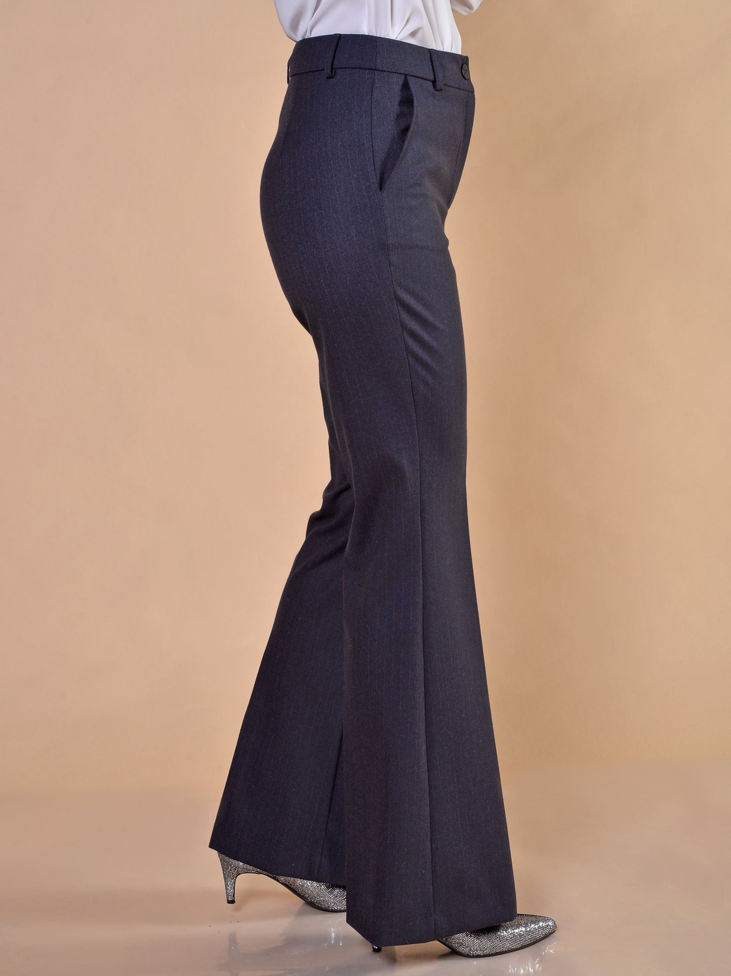 Pantaloni a Zampa in Gessato Blu