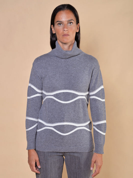 Grau/Cremefarbener Rollkragenpullover mit Wellenmuster
