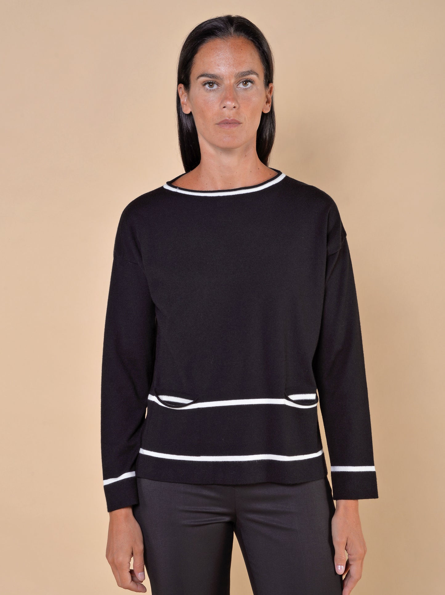 Maglia con Righe e con Tasche Nero/Panna