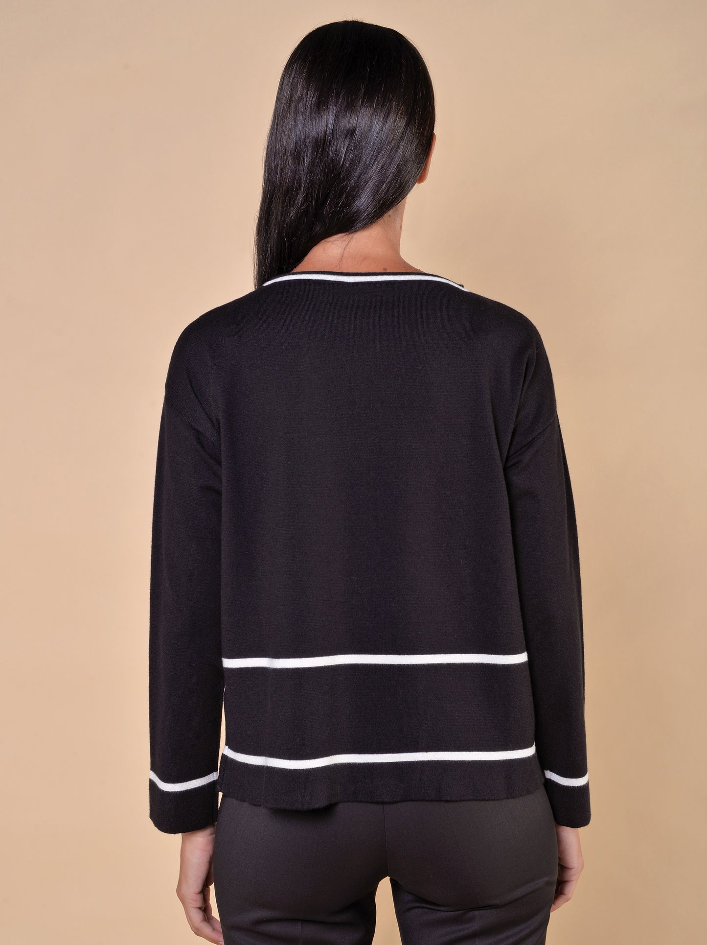 Maglia con Righe e con Tasche Nero/Panna
