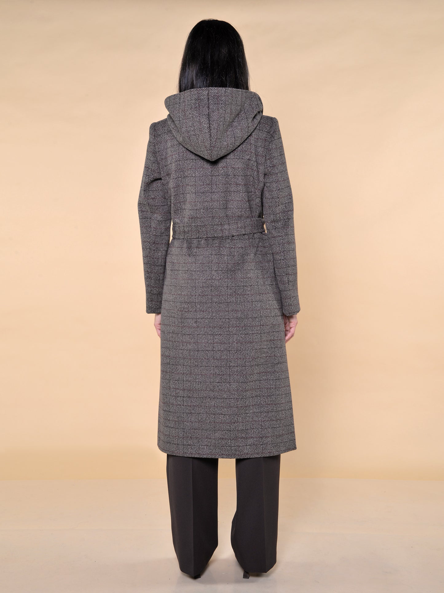 Cappotto Lungo Con Cappuccio Fantasia Quadro Bordeaux