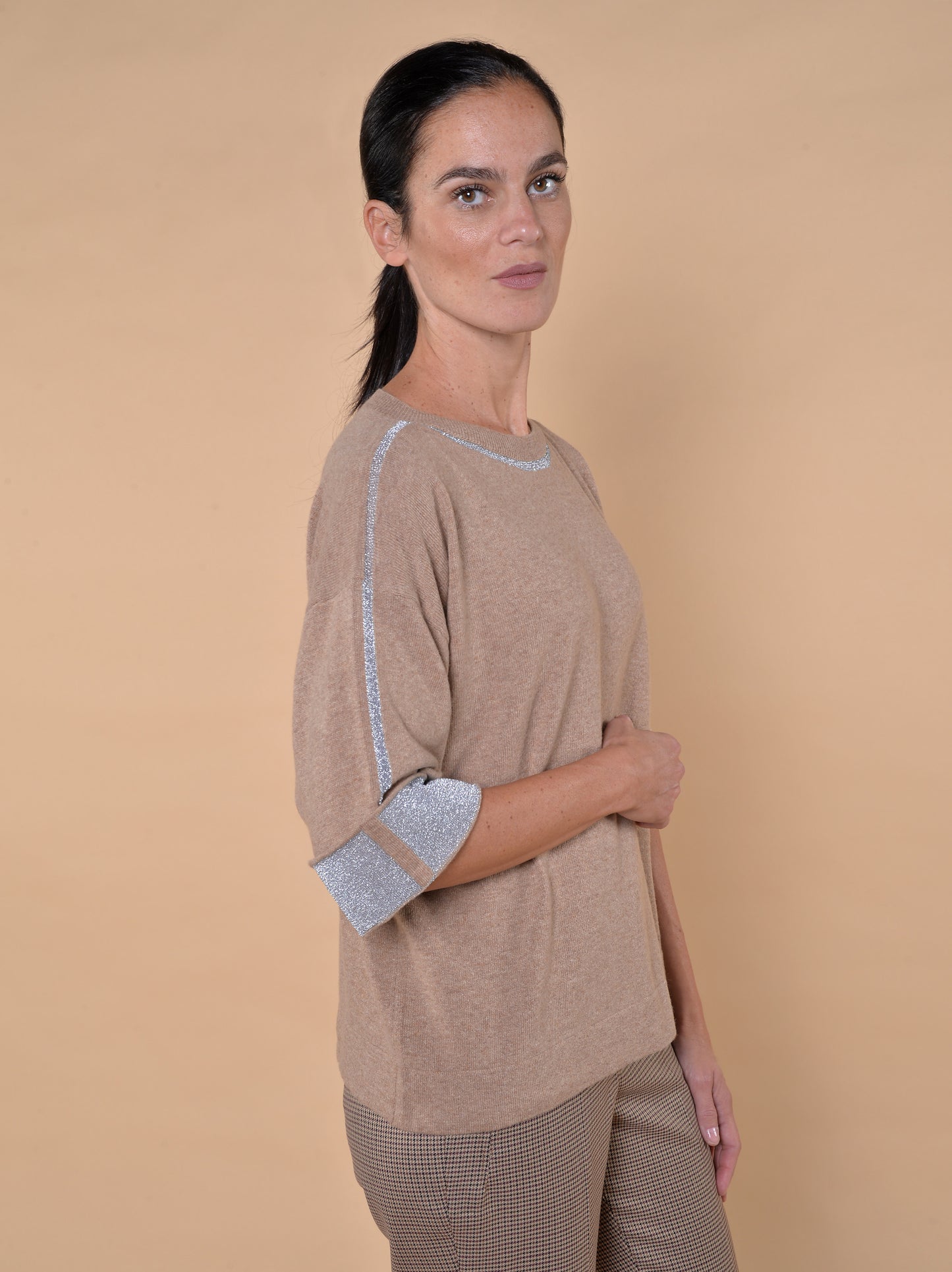 Maglia in Misto Lana Cammello e Lurex Argento