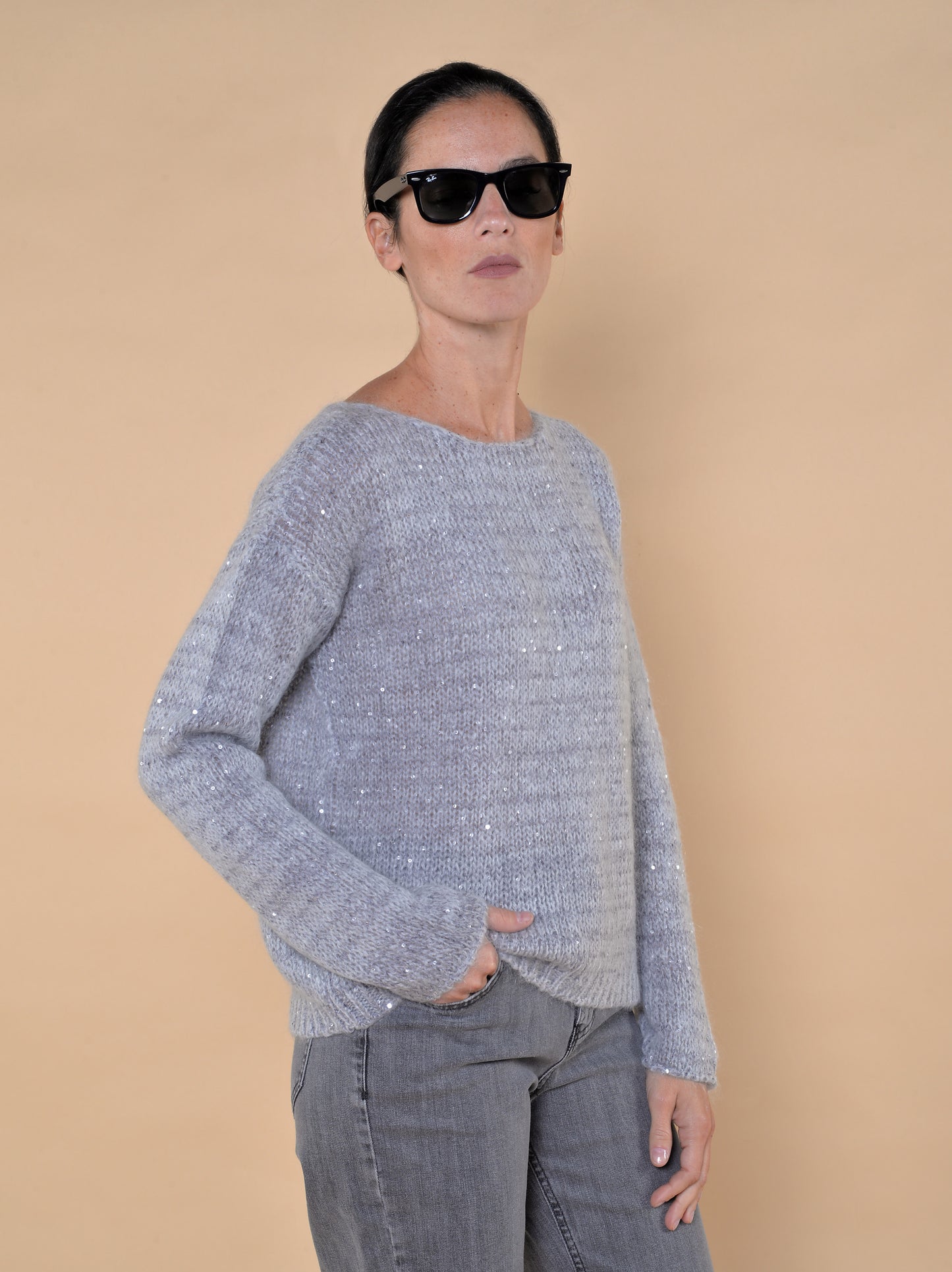 Maglia in Mohair con Paillettes Grigia