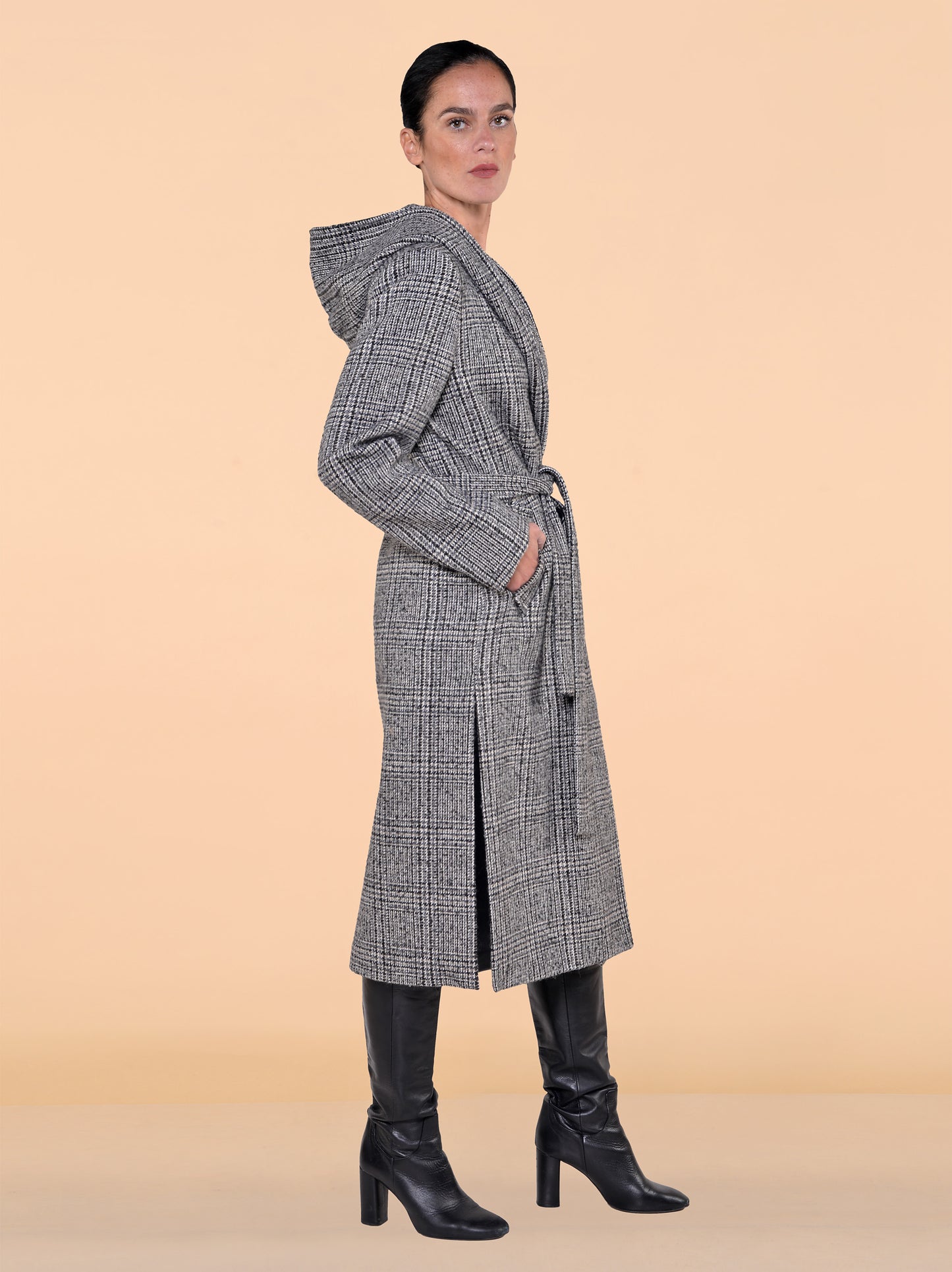 Cappotto Lungo Con Cappuccio Fantasia Grigio