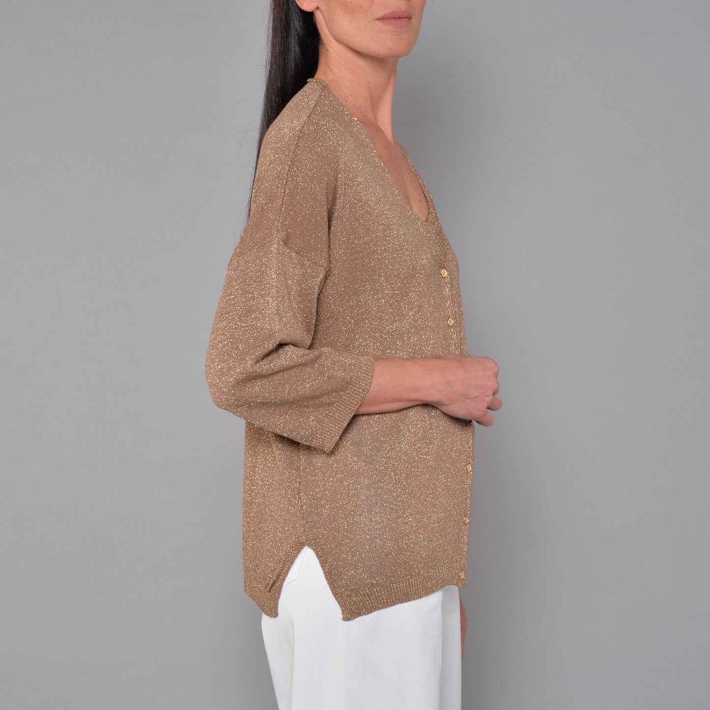 Cardigan mit V-Ausschnitt aus bronzefarbenem Viskose-Lurex