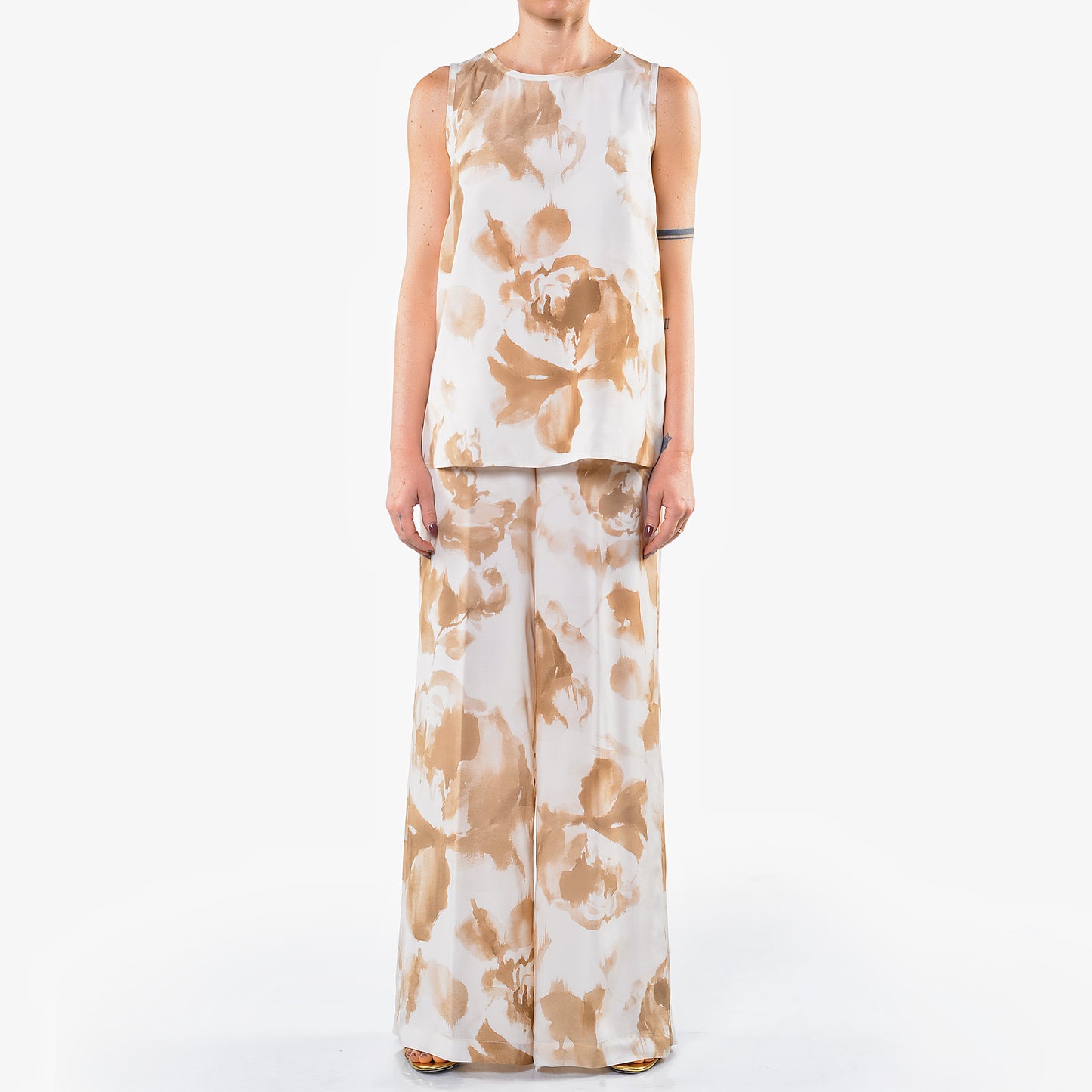 Pantaloni Gamba Larga Fantasia Fiore Oro