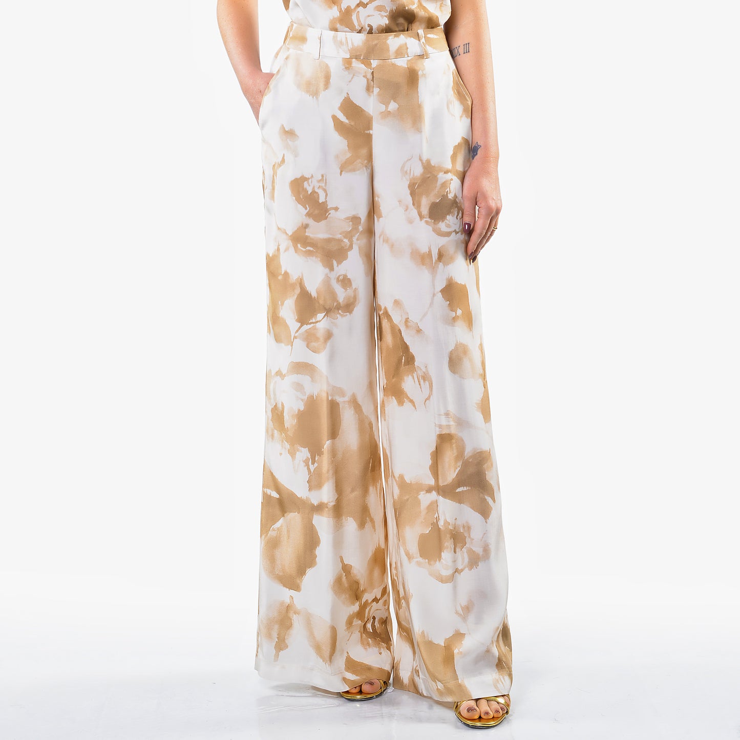 Pantaloni Gamba Larga Fantasia Fiore Oro