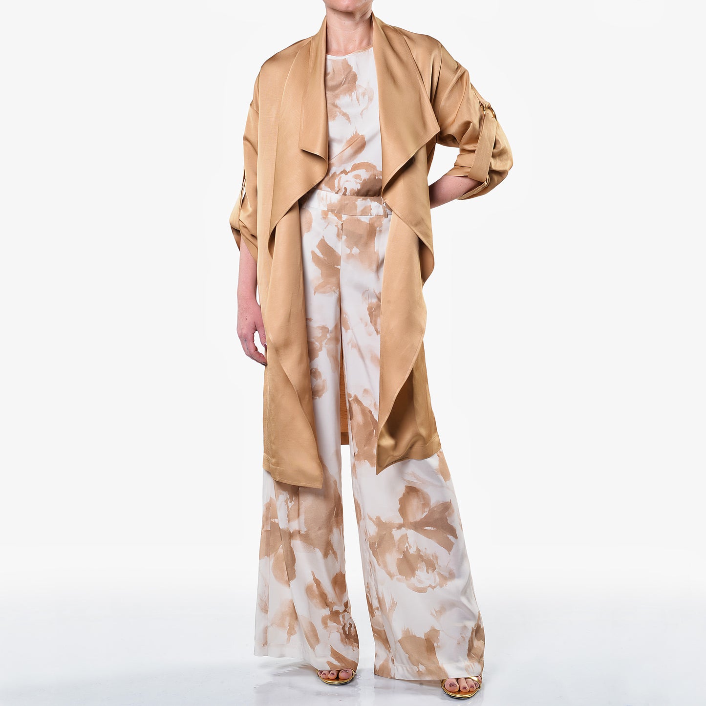 Pantaloni Gamba Larga Fantasia Fiore Oro