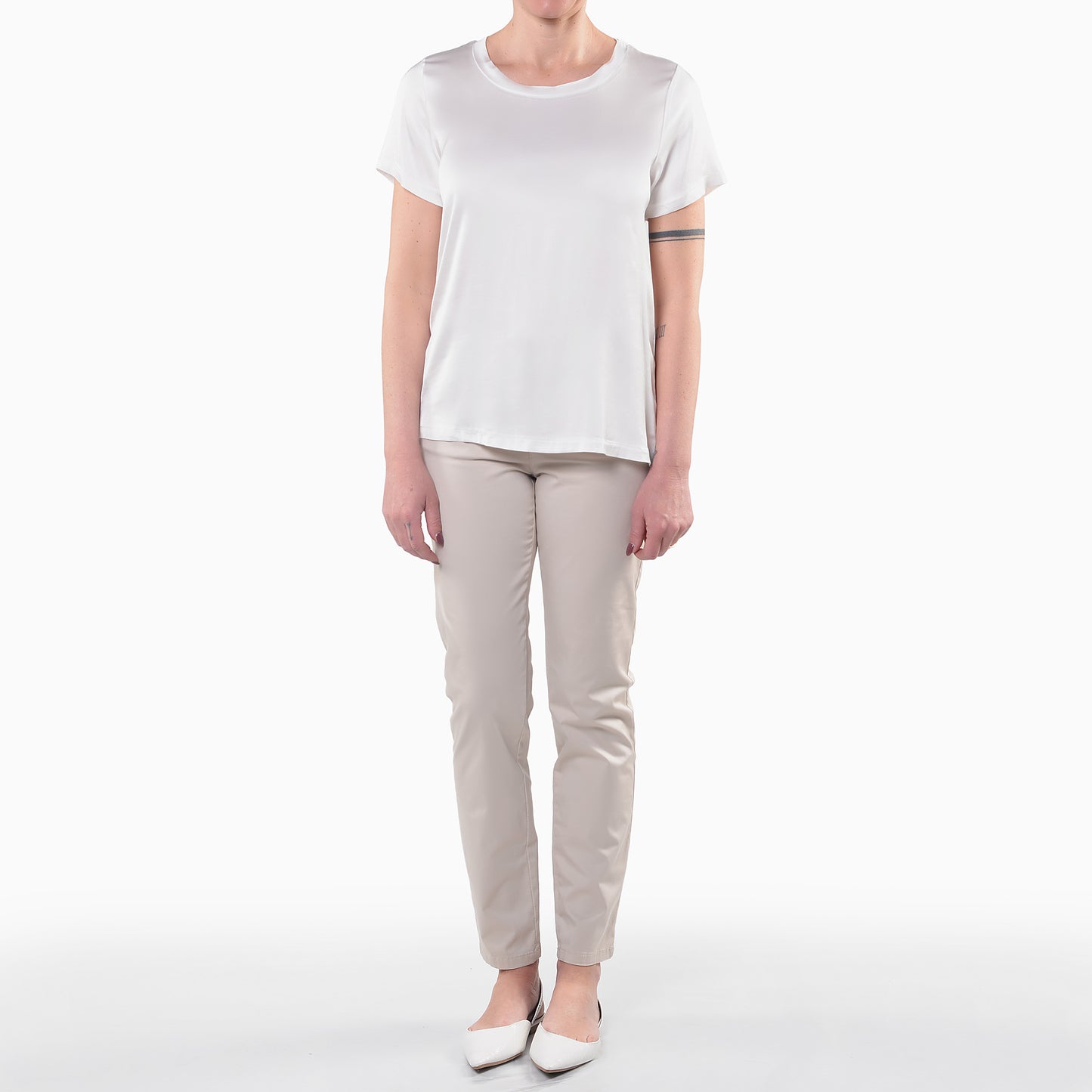T-shirt in Raso di Viscosa Elasticizzato Panna 1/2 Manica