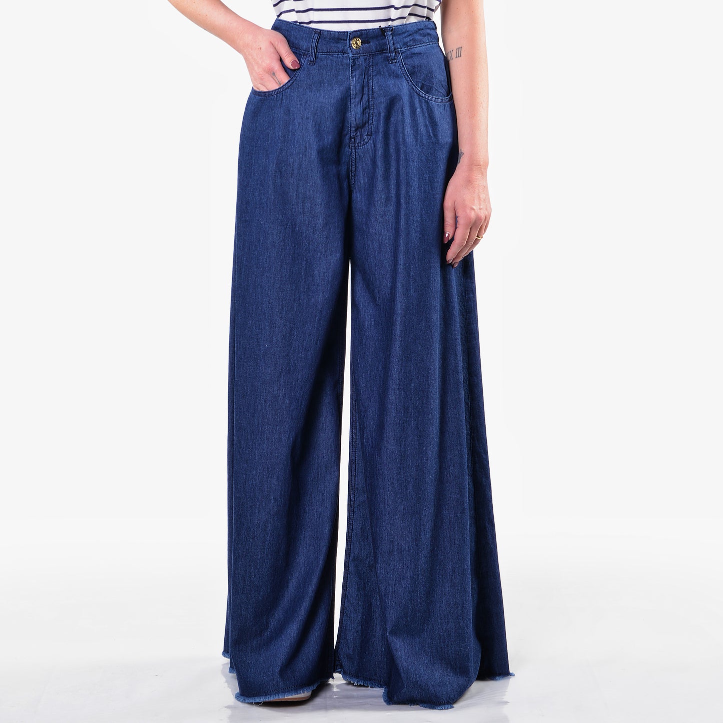 Pantaloni in Cotone Leggero Denim a Gamba Larga