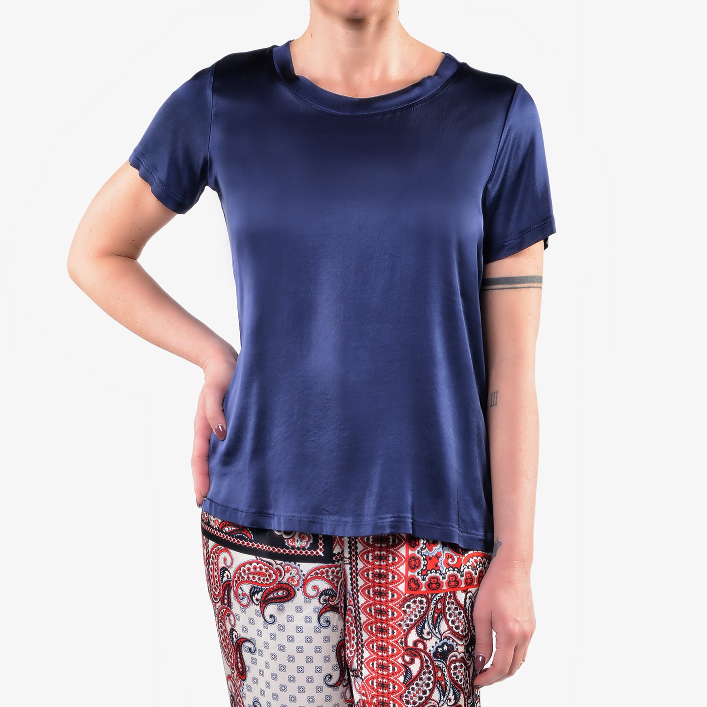 T-shirt in Raso di Viscosa Elasticizzato Blu 1/2 Manica