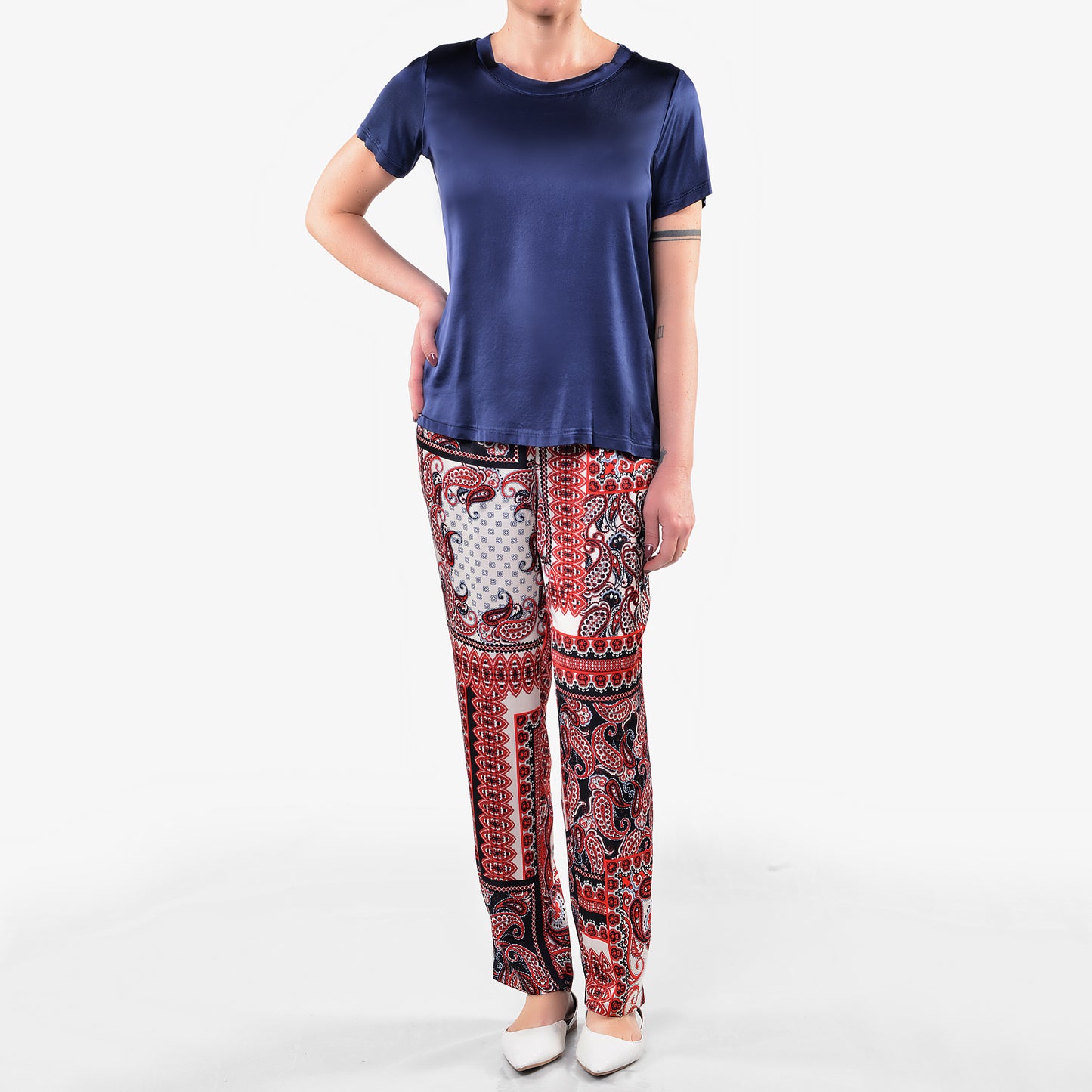 T-shirt in Raso di Viscosa Elasticizzato Blu 1/2 Manica