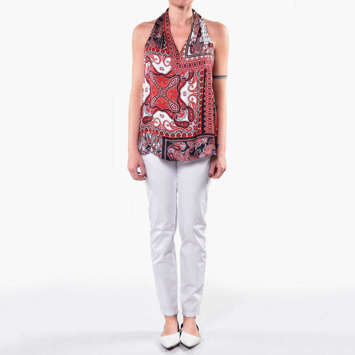 Top Scollo a V in Fantasia Patchwork Rosso