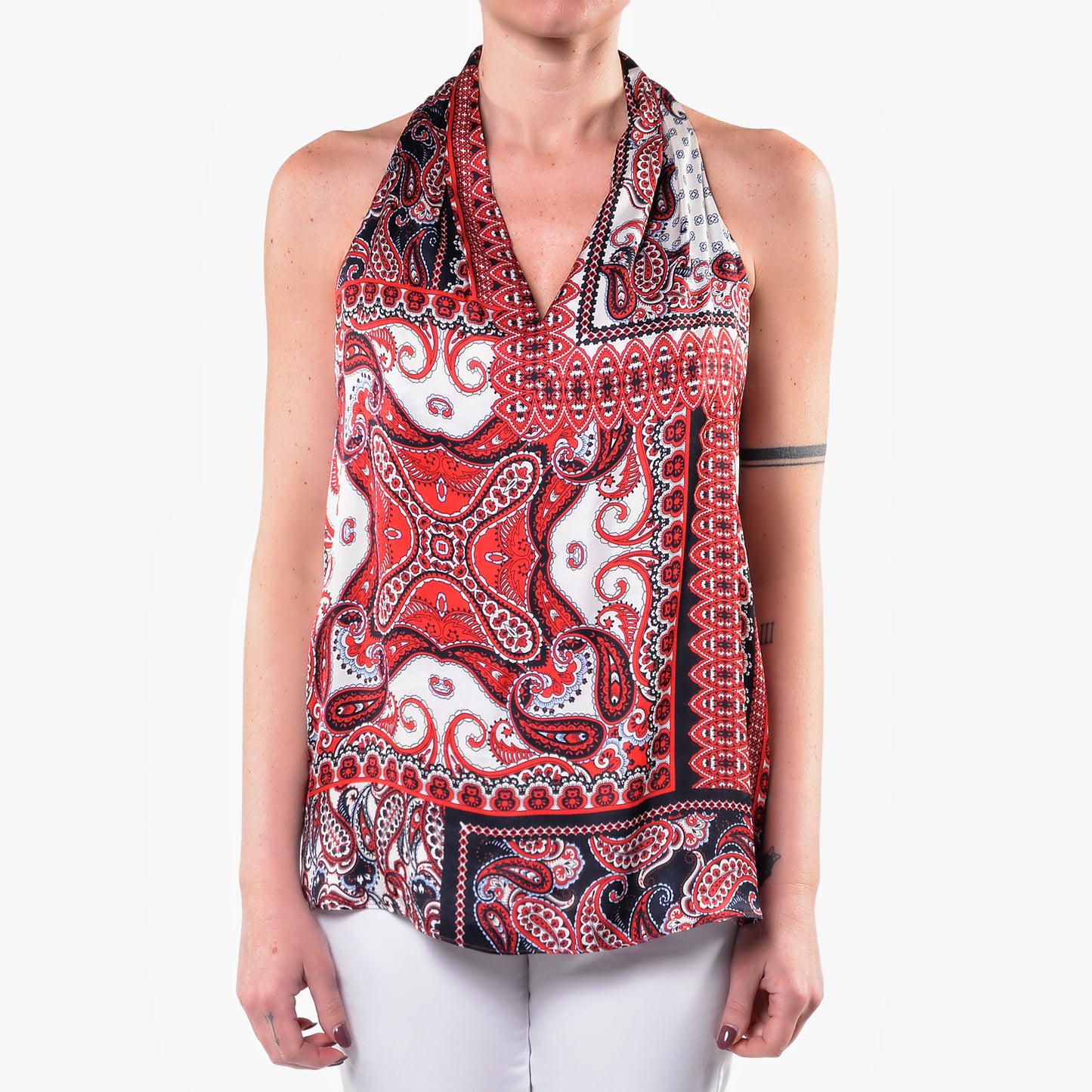 Top Scollo a V in Fantasia Patchwork Rosso