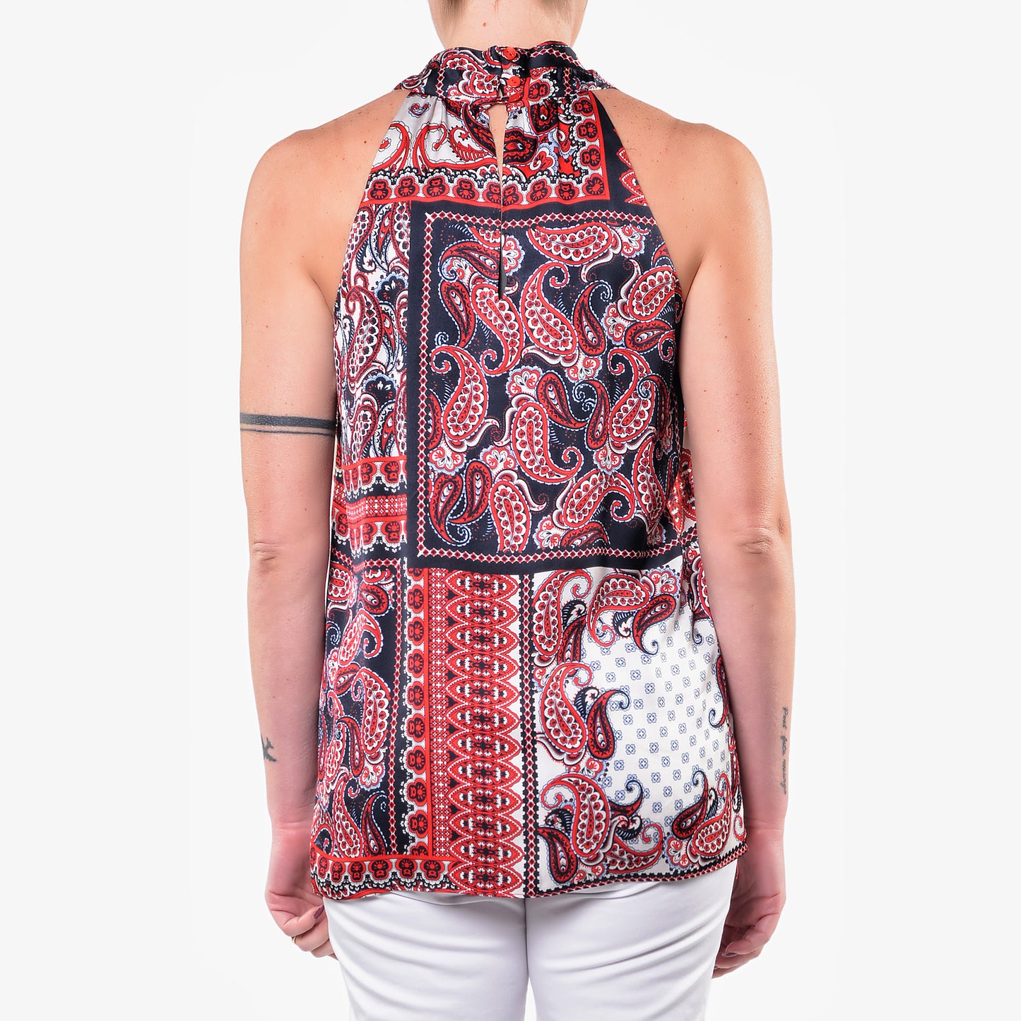 Top Scollo a V in Fantasia Patchwork Rosso