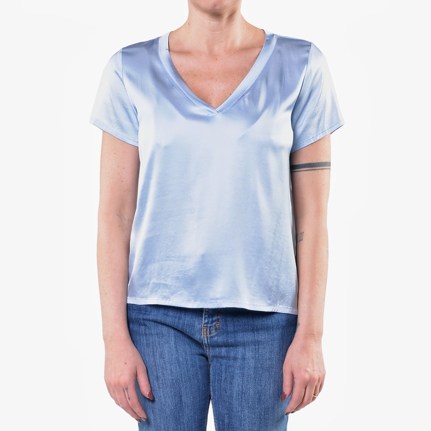 T-shirt Scollo a V in Raso di Viscosa Elasticizzato Celeste 1/2 Manica