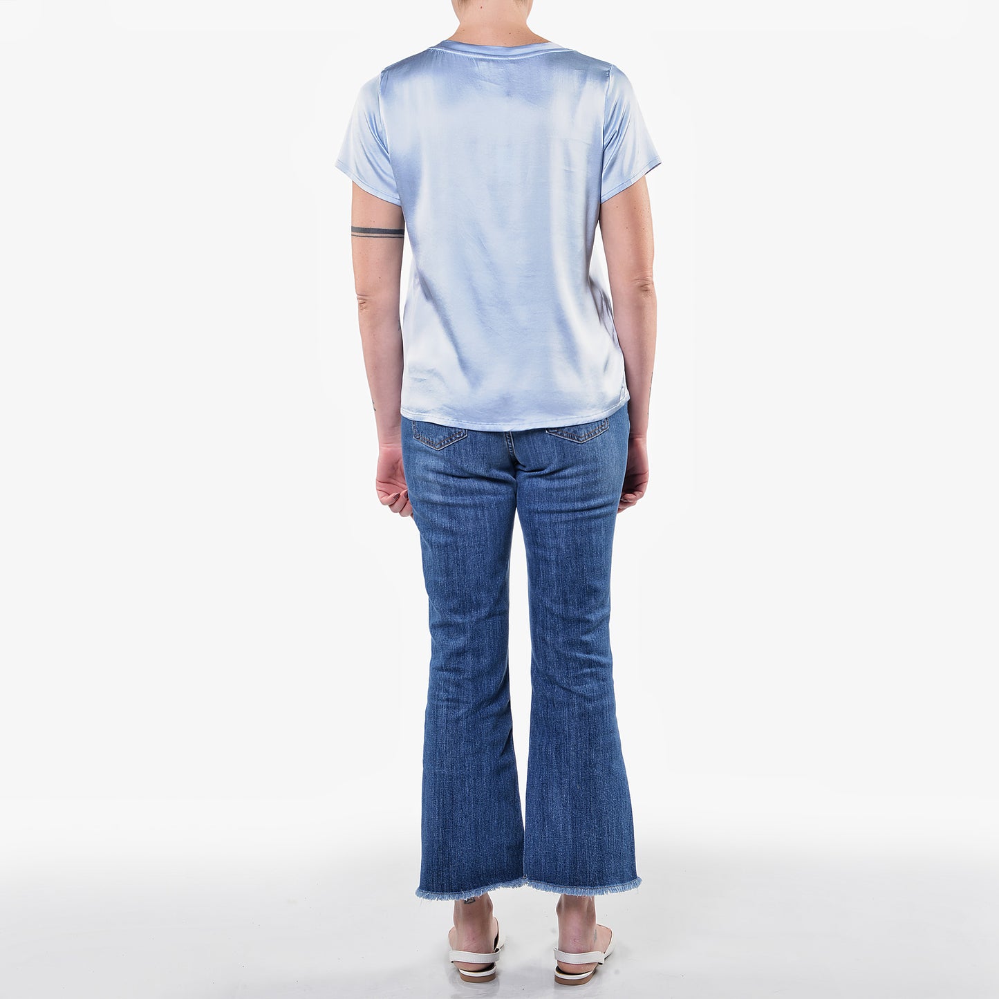 T-shirt Scollo a V in Raso di Viscosa Elasticizzato Celeste 1/2 Manica