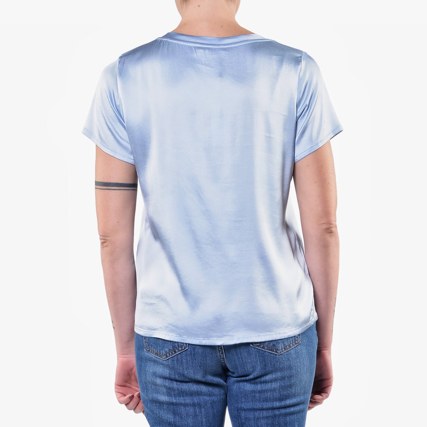 T-shirt Scollo a V in Raso di Viscosa Elasticizzato Celeste 1/2 Manica