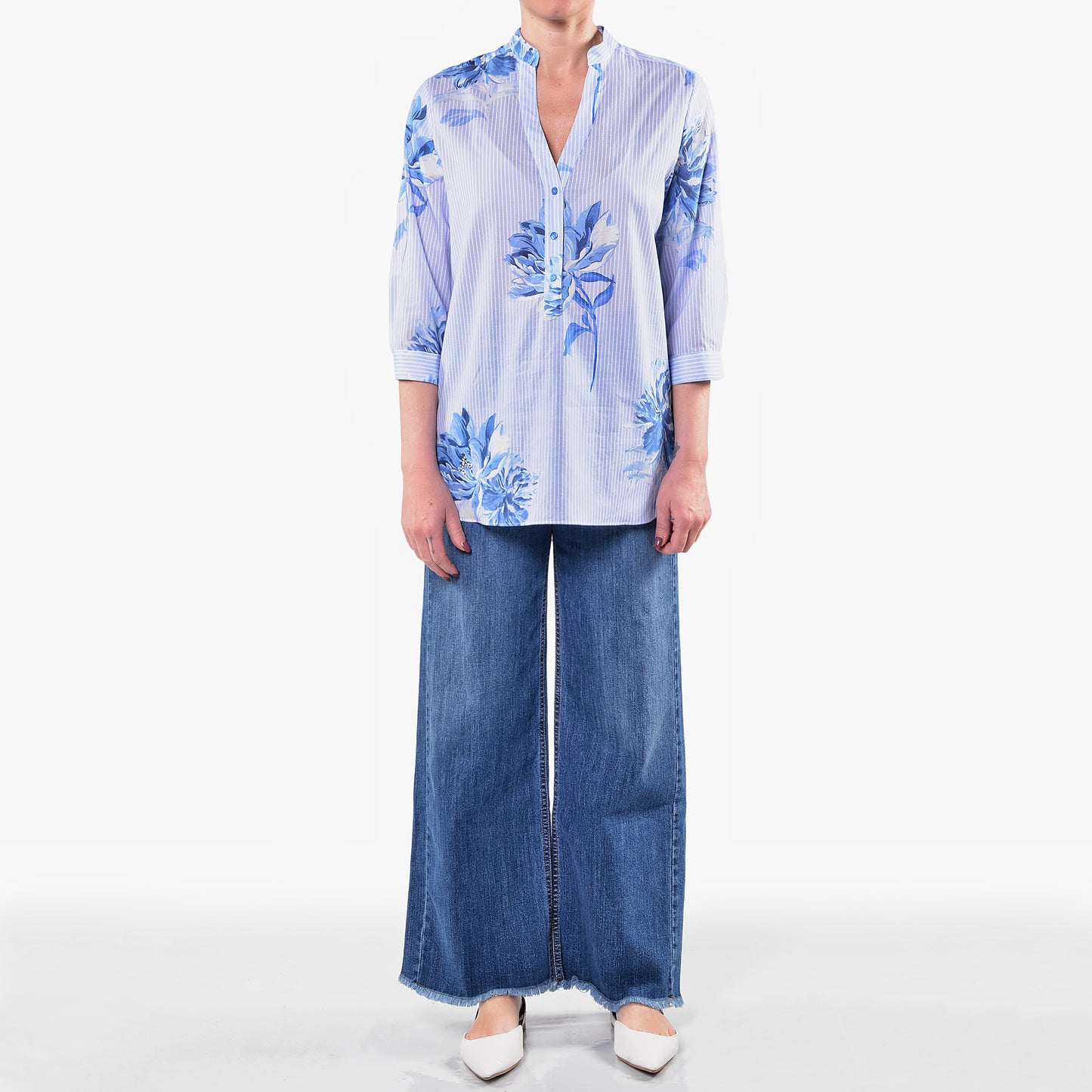 Camicia Coreana Fantasia Fiore Celeste