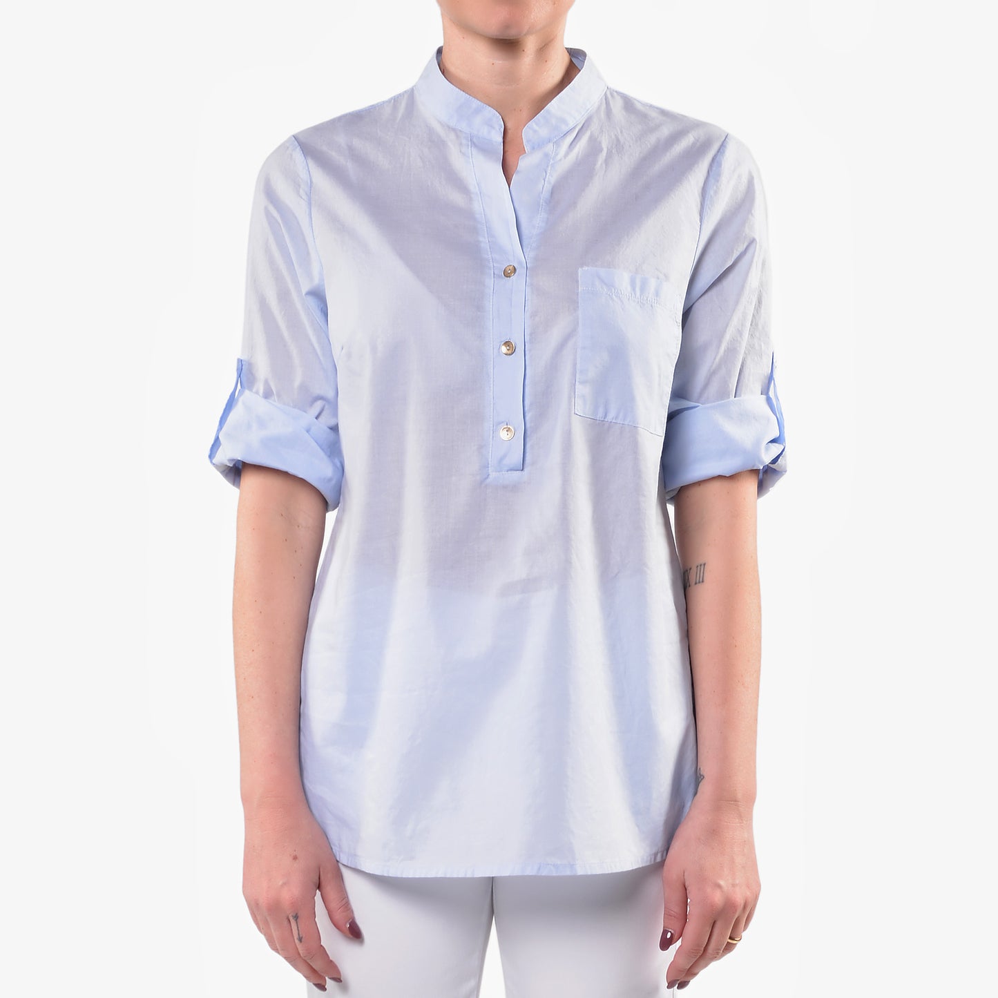 Camicia Coreana Celeste in Mussola di Cotone con Taschino