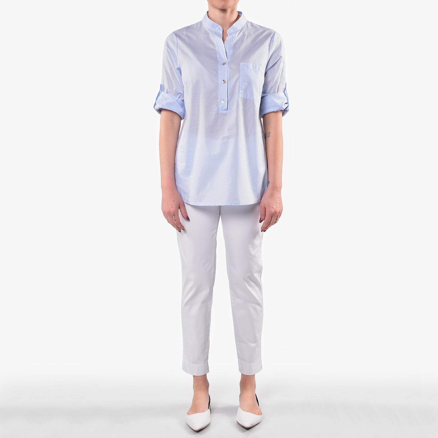 Camicia Coreana Celeste in Mussola di Cotone con Taschino