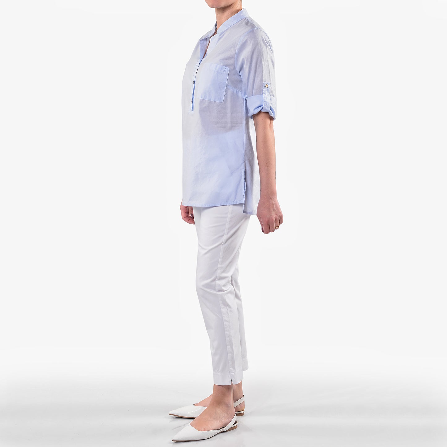 Camicia Coreana Celeste in Mussola di Cotone con Taschino