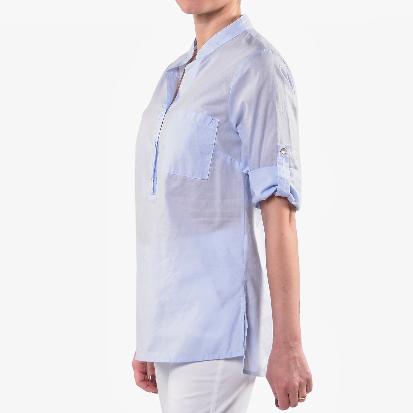 Camicia Coreana Celeste in Mussola di Cotone con Taschino