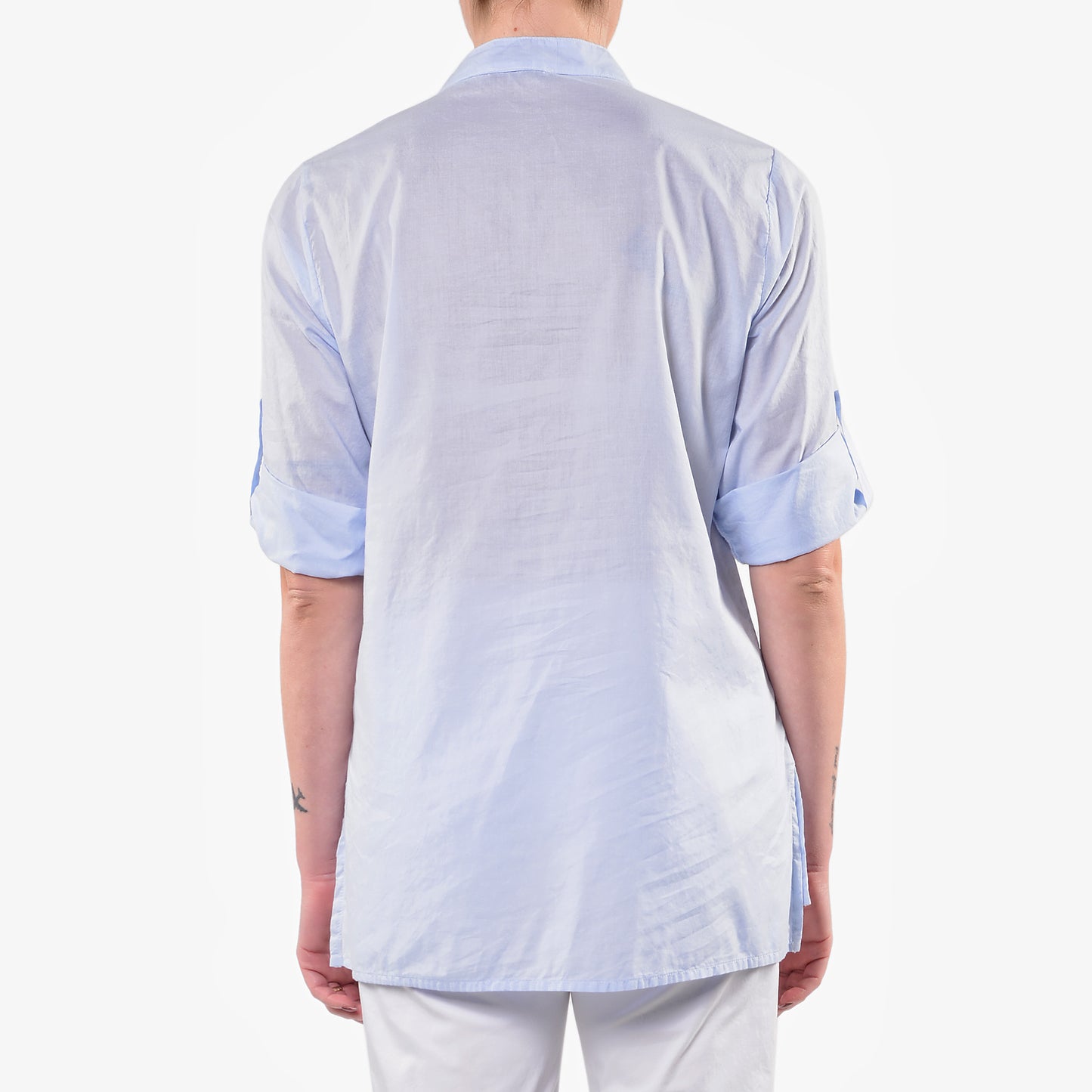 Camicia Coreana Celeste in Mussola di Cotone con Taschino