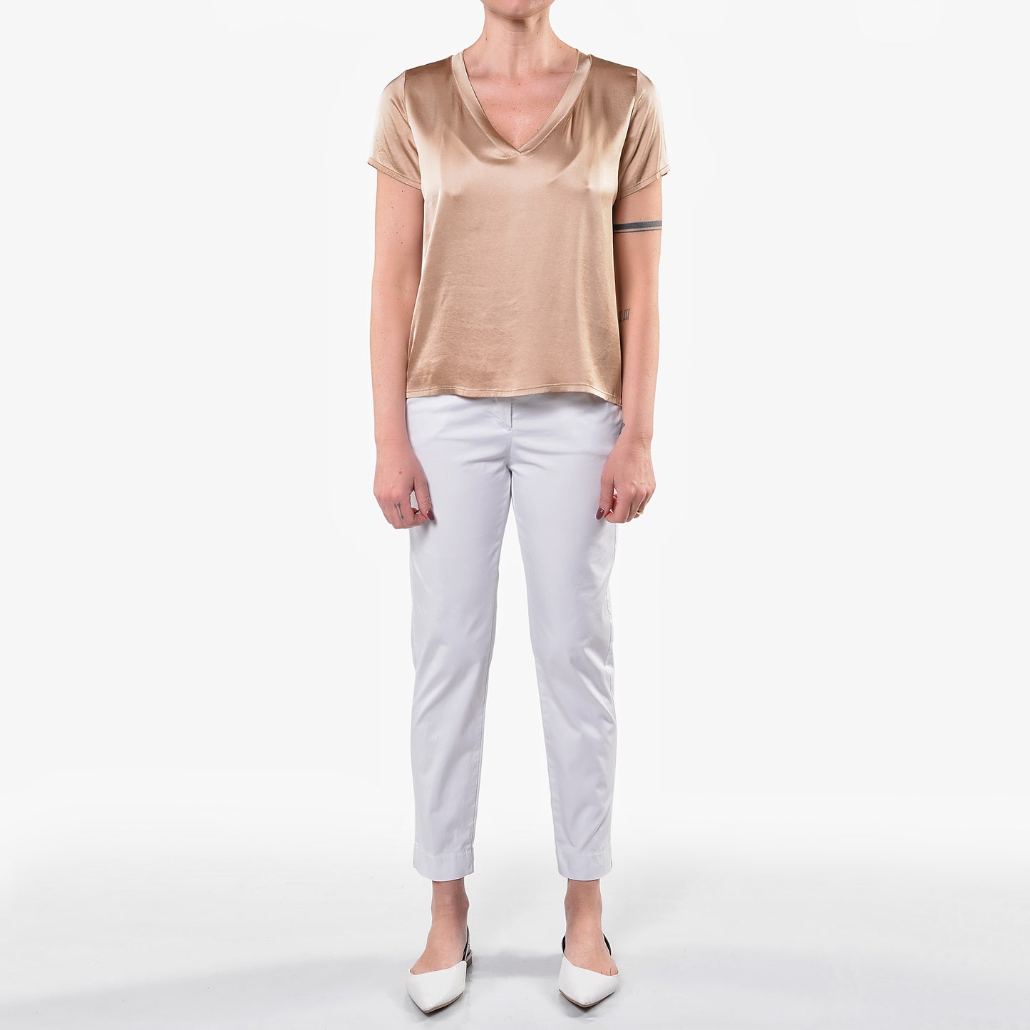 T-shirt Scollo a V in Raso di Viscosa Elasticizzato Deserto 1/2 Manica