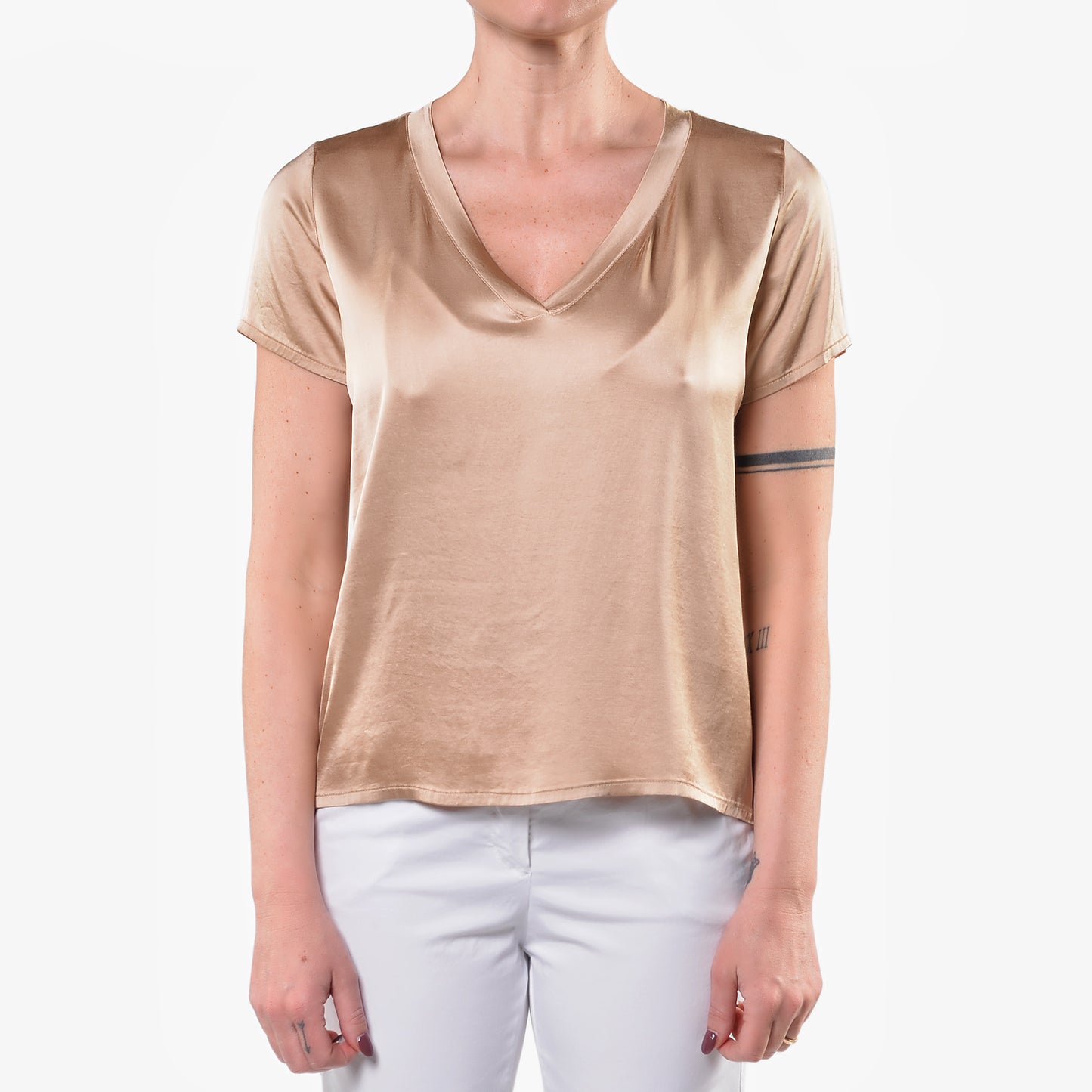 T-shirt Scollo a V in Raso di Viscosa Elasticizzato Deserto 1/2 Manica