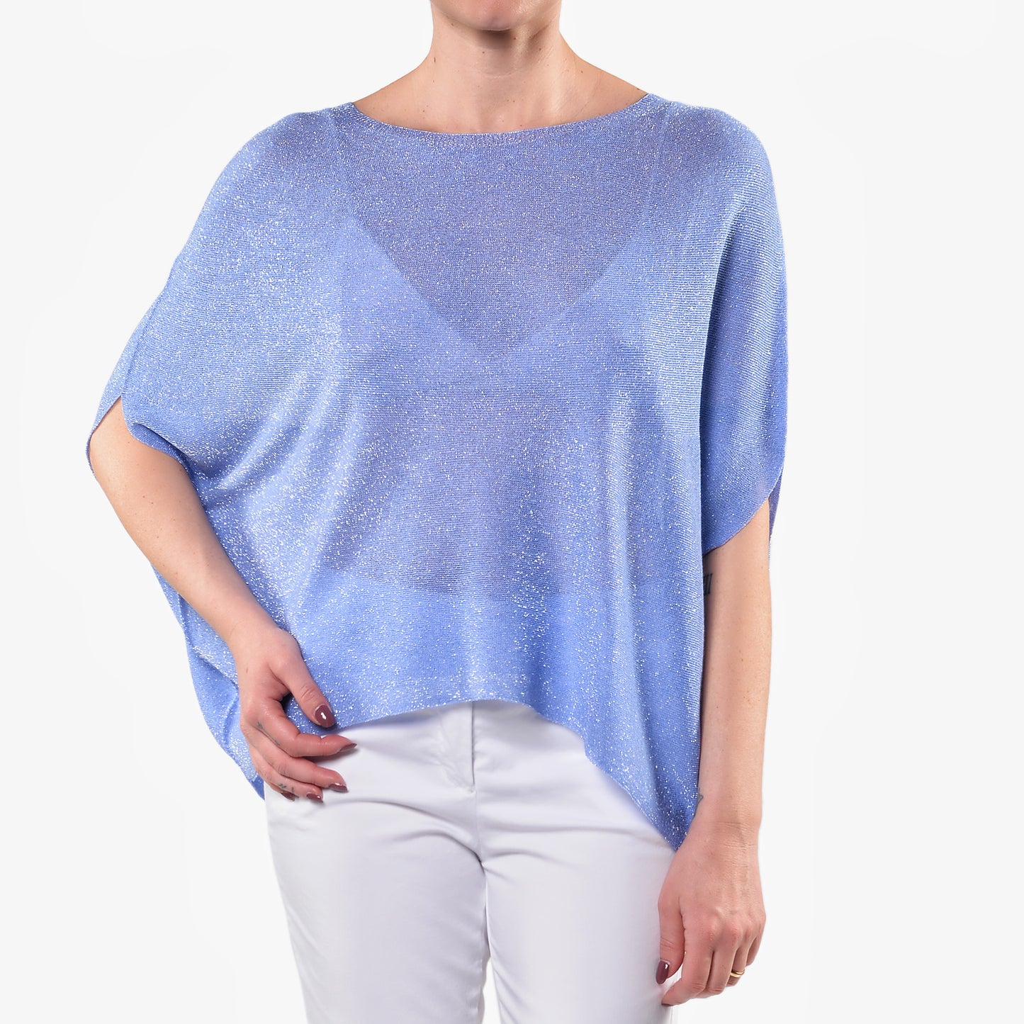 Maglia Over Scollo a Barca Lurex Celeste
