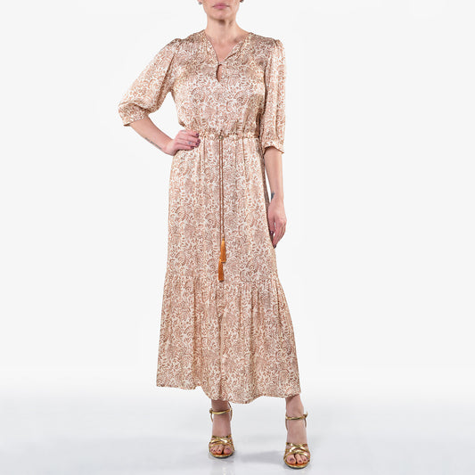 Khakifarbenes langes Kleid mit Kaschmir-Print