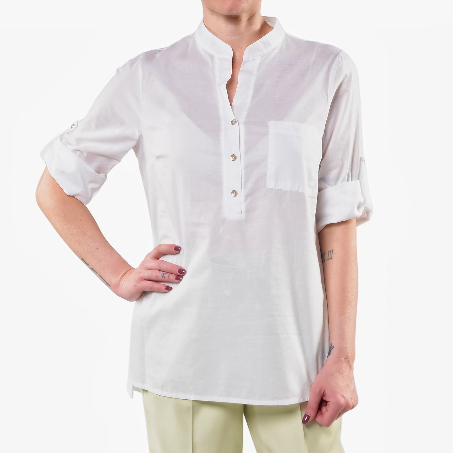 Camicia Coreana Panna in Mussola di Cotone con Taschino