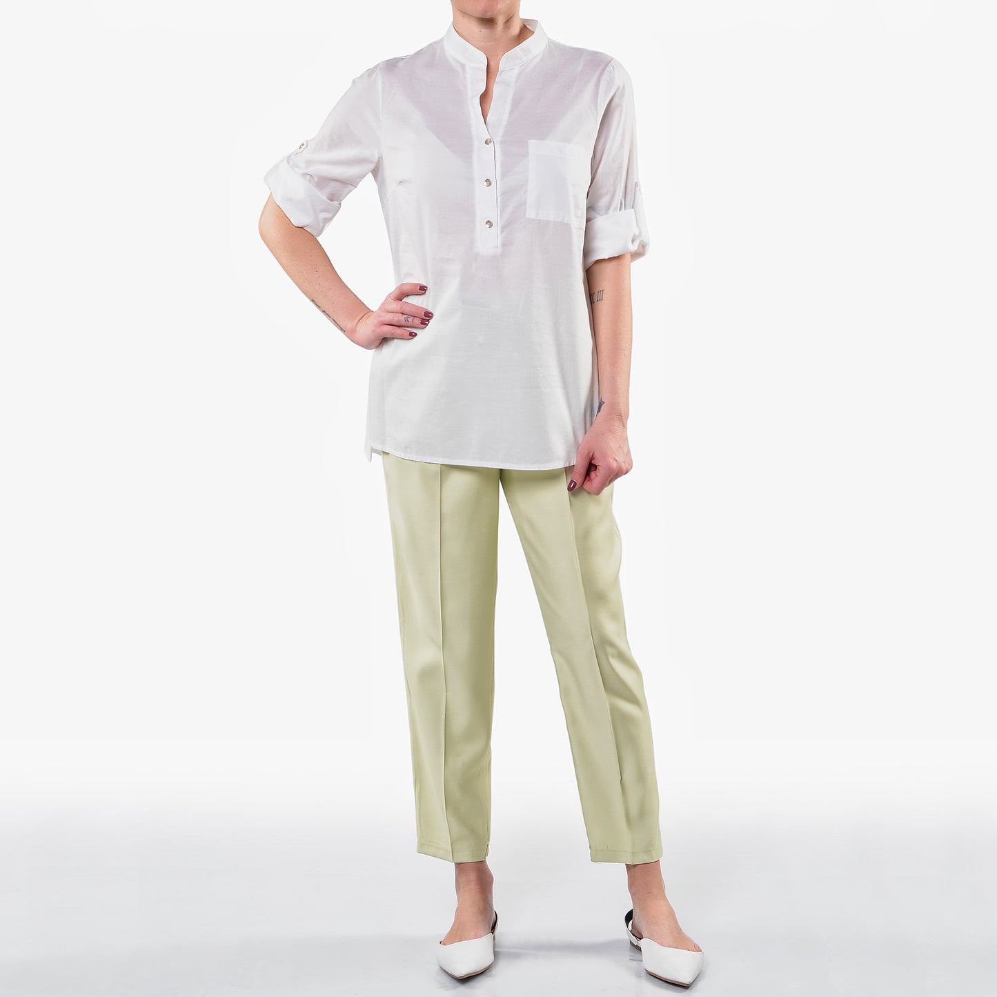 Camicia Coreana Panna in Mussola di Cotone con Taschino