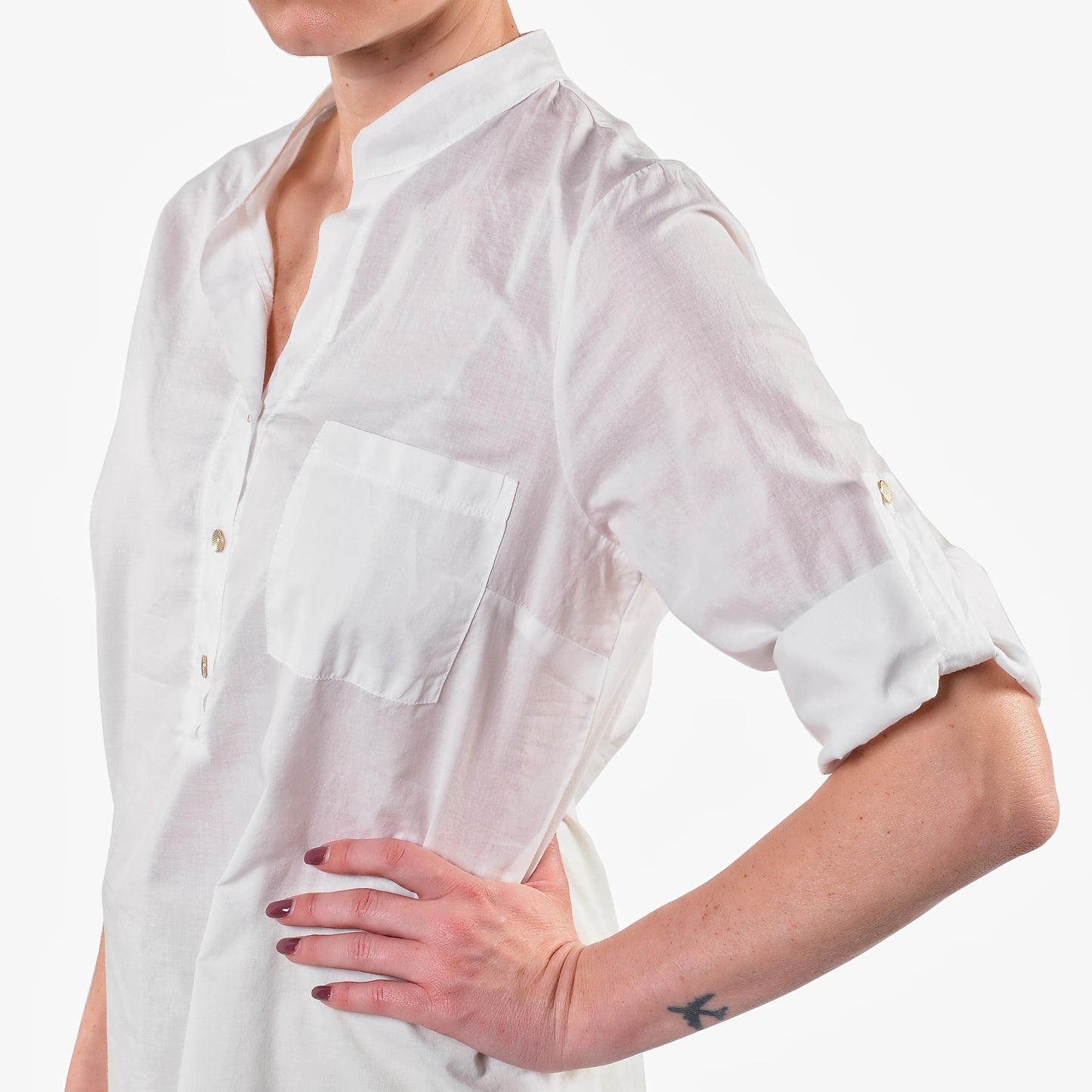 Camicia Coreana Panna in Mussola di Cotone con Taschino