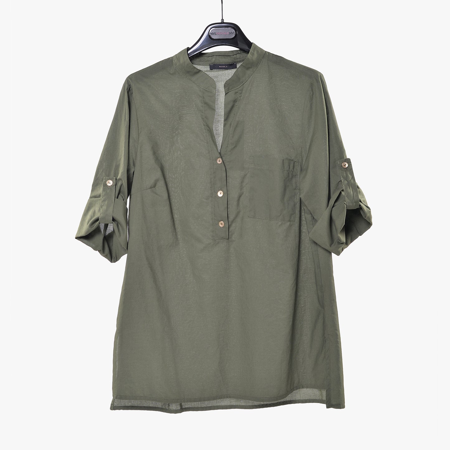 Camicia Coreana Verde Militare in Mussola di Cotone con Taschino