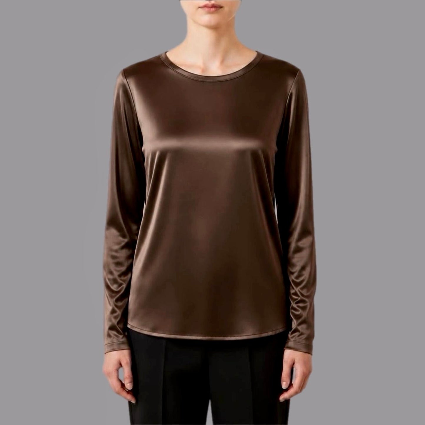 T-shirt Manica Lunga in Raso di Viscosa Elasticizzato Cioccolato
