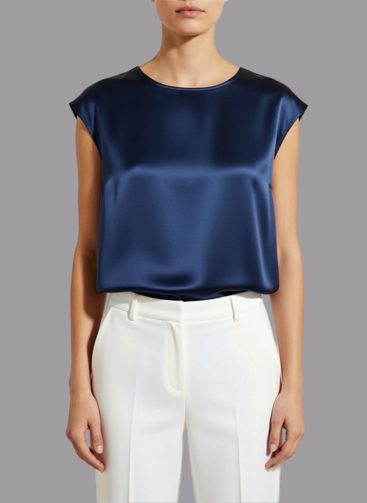 Top in Raso di Viscosa Girocollo Blu