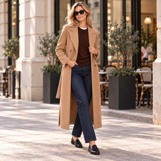 Cappotto Lungo con Cintura Cammello