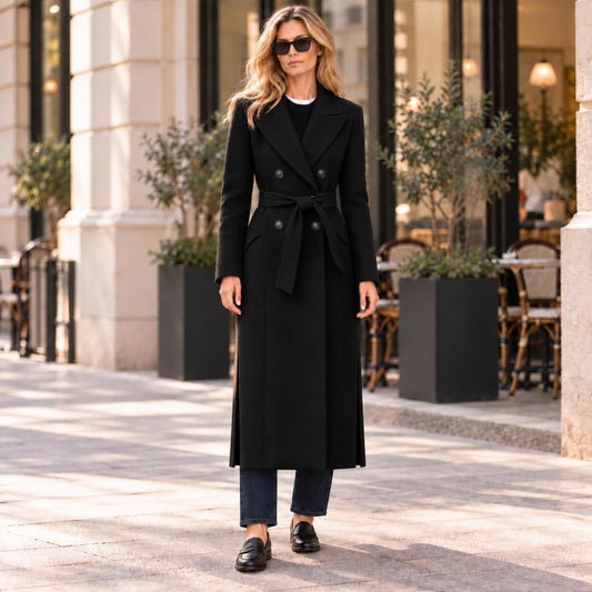 Cappotto Lungo con Cintura Nero